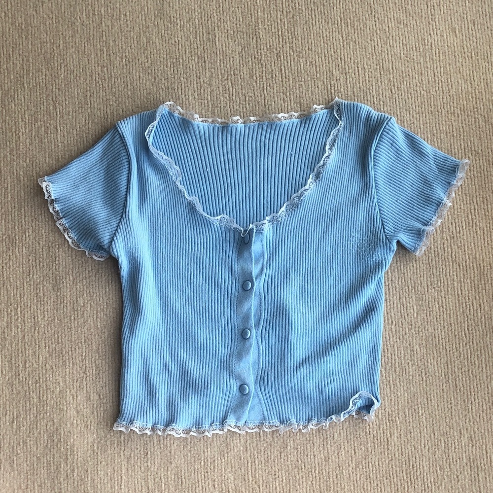Light Blue Ribbed Lace-Trim Short Sleeve Top